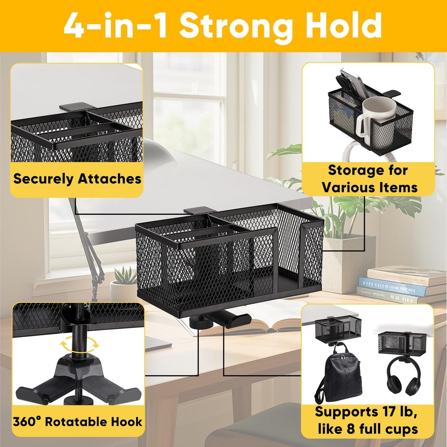 4 in 1 Metal Clip On Cup Holder Attachment for Gaming Desk or Table, Fits up to 40oz Cups, Sturdy and Easy to Clamp, Attachable Anti-Spill Cup Holder for Chair, Bedside, Bottles, Drinks - Black