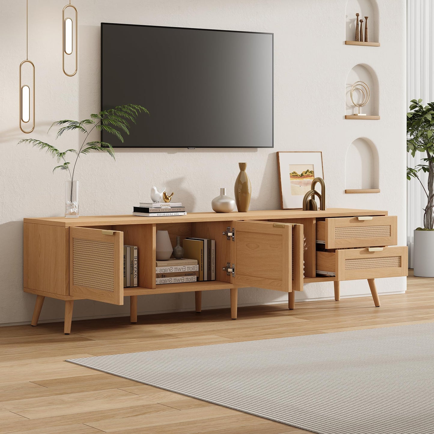 Merax 70inch Modern TV Stand with Rattan Doors for TVs up to 80", Media Console with Storage Space, 2 Drawers & Cable Holes, Entertainment Center for Living Room, Natural Wood