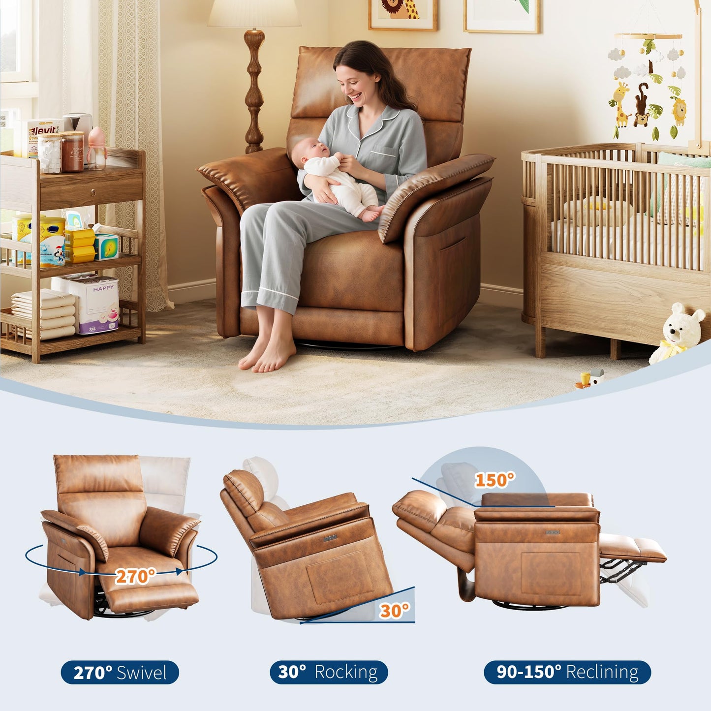 GarveeHome Power Recliner Chair, 270 °Swivel Rocking Glider with USB Charging Port, PU Leather Upholstered Fabric and Double-Layer Armrests, Nursery Chair for Living Room, Nursery (Wanult)