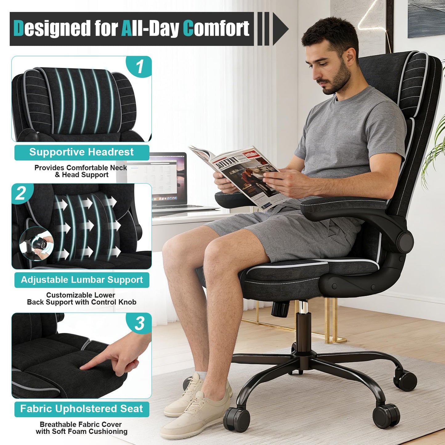 Big and Tall Office Chair with Adjustable Lumbar Support,Breathable Fabric High Back Desk Computer Chair with Adjustable Flip-up Armrests,Ergonomic Swivel PC Chair with Rocking Function