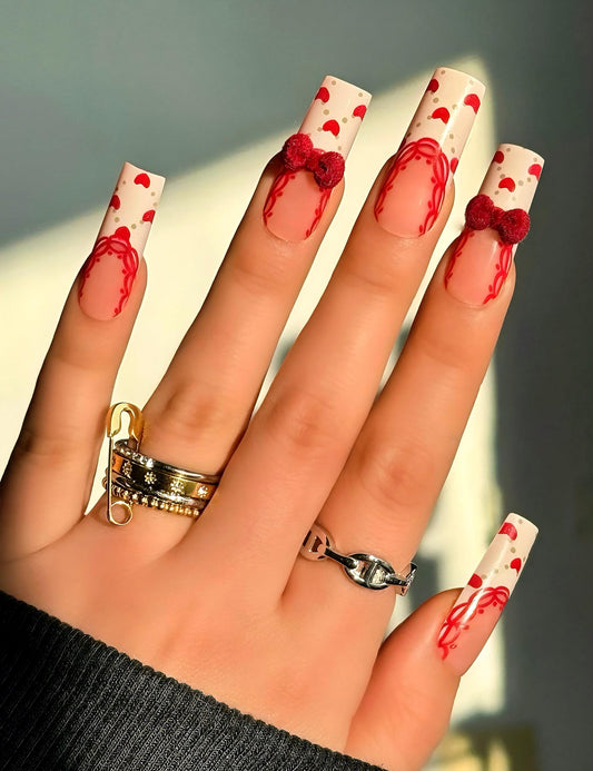 White French Tip Press on Nails, Coffin Shape, Thick, Decorative 3d Bow, Long Square, Salon Perfect Quality, Acrylic Nail Pack, Red Heart Pattern for Women, Cute Y2K Style, Nailinism