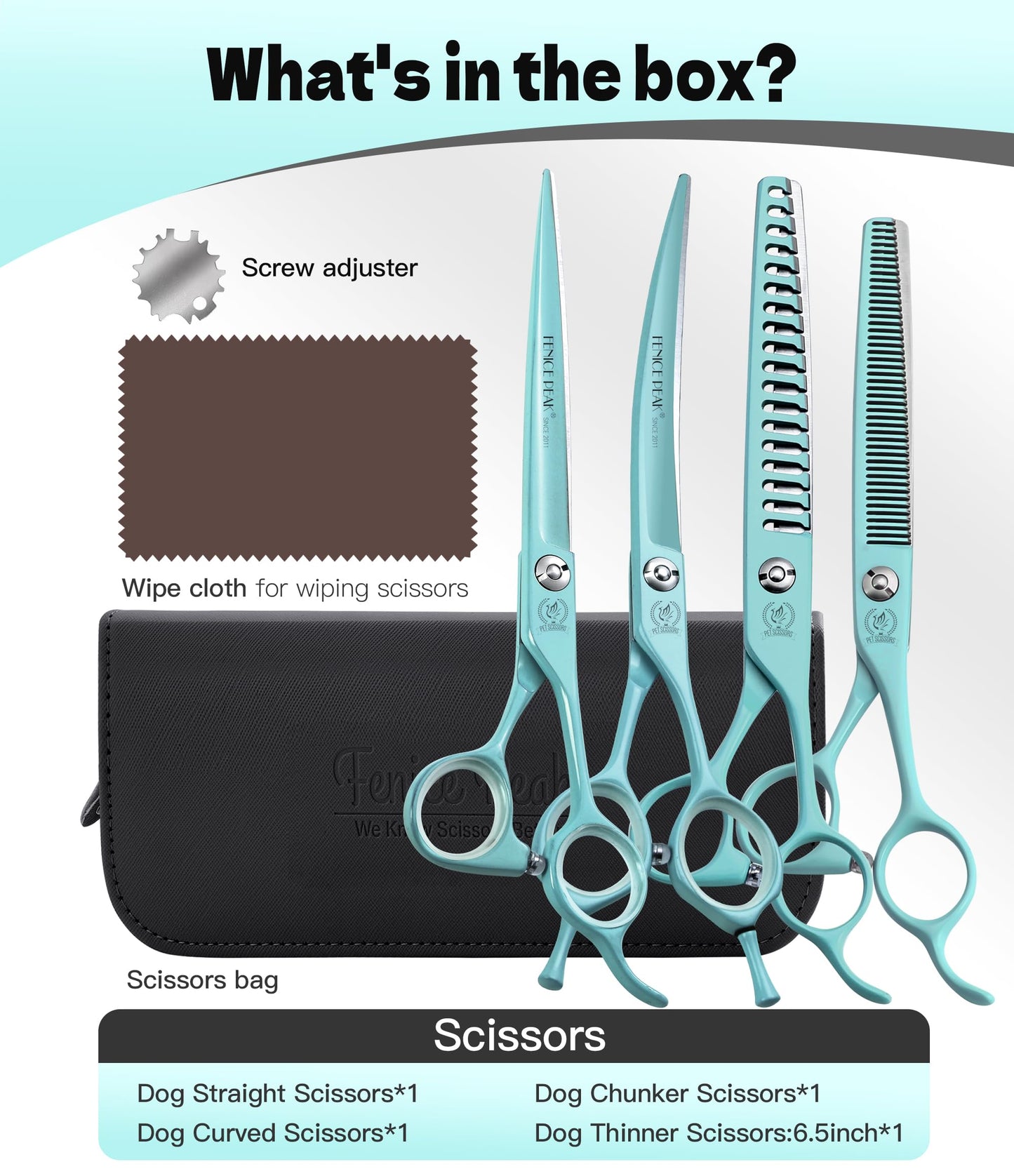 Fenice Peak 7" Professional Dog Grooming Scissors Set, Japanese 440C Stainless Steel Straight Thinning Curved Chunker Shears for Pet Grooming, Trimming Face, Paws, Green