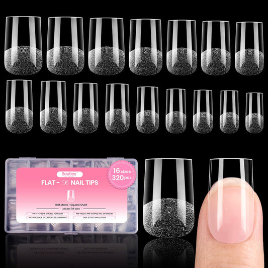 Beetles Gel Nail Tips Square Short, 320pcs 16 Sizes(00-14), Flat-X Pre-Etched Half Matte Full Cover Soft Gel Nail Tips, Natural Clear Press on False Nail Supplies, Easy DIY Nail Extension Salon Art