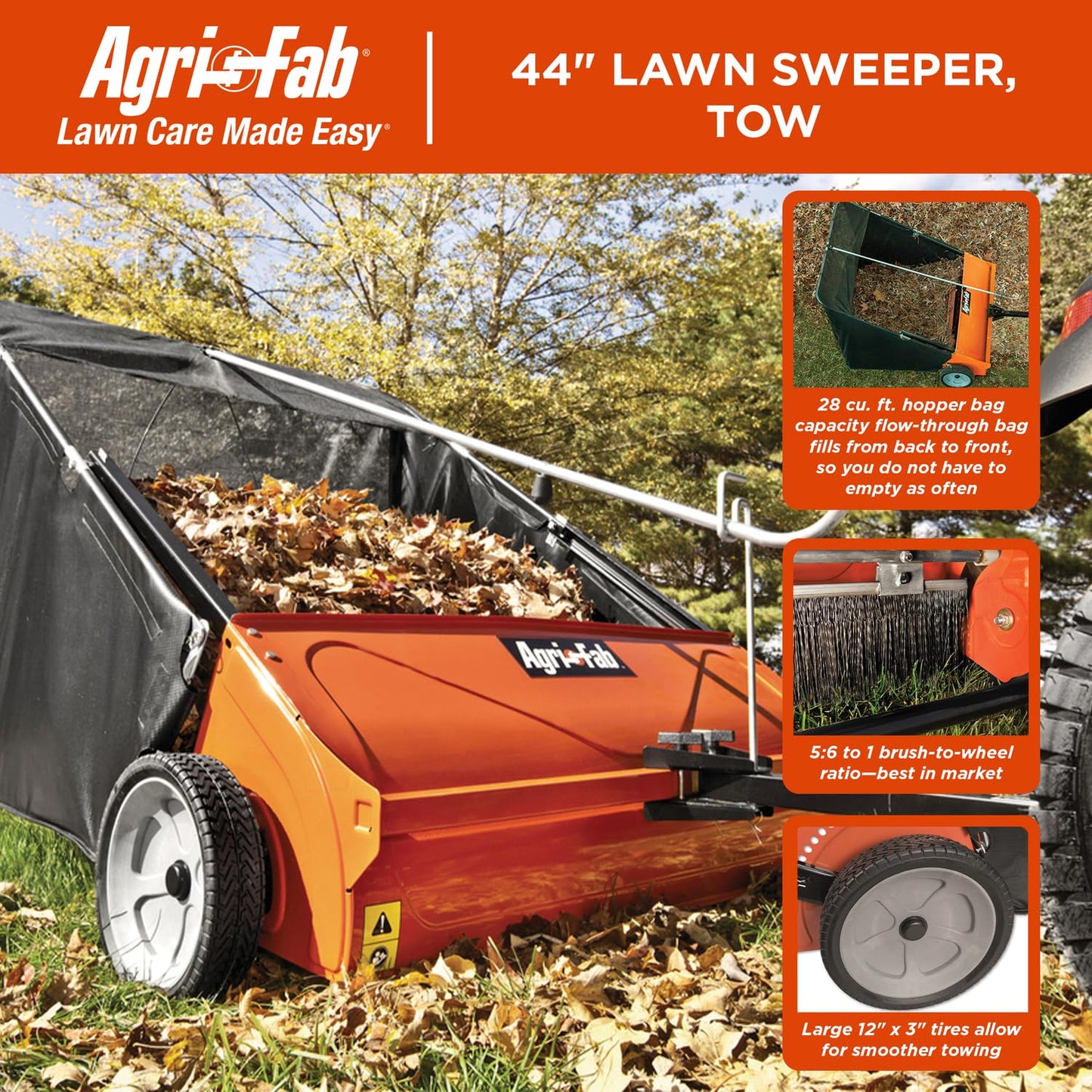 Agri-Fab 45-0492 44" Tow-Behind Lawn Sweeper, 28 cu. ft Hopper Bag Capacity; Leaf & Grass Catcher, with Adjustable Brush Height and Dump From Seat Handle