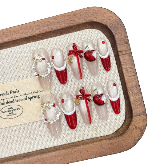 GLORS Christmas Press On Nails, Angora Red Cat Eye French Tips with Bow Design, Long Stiletto Shape, 10 Pieces (Small, LS)