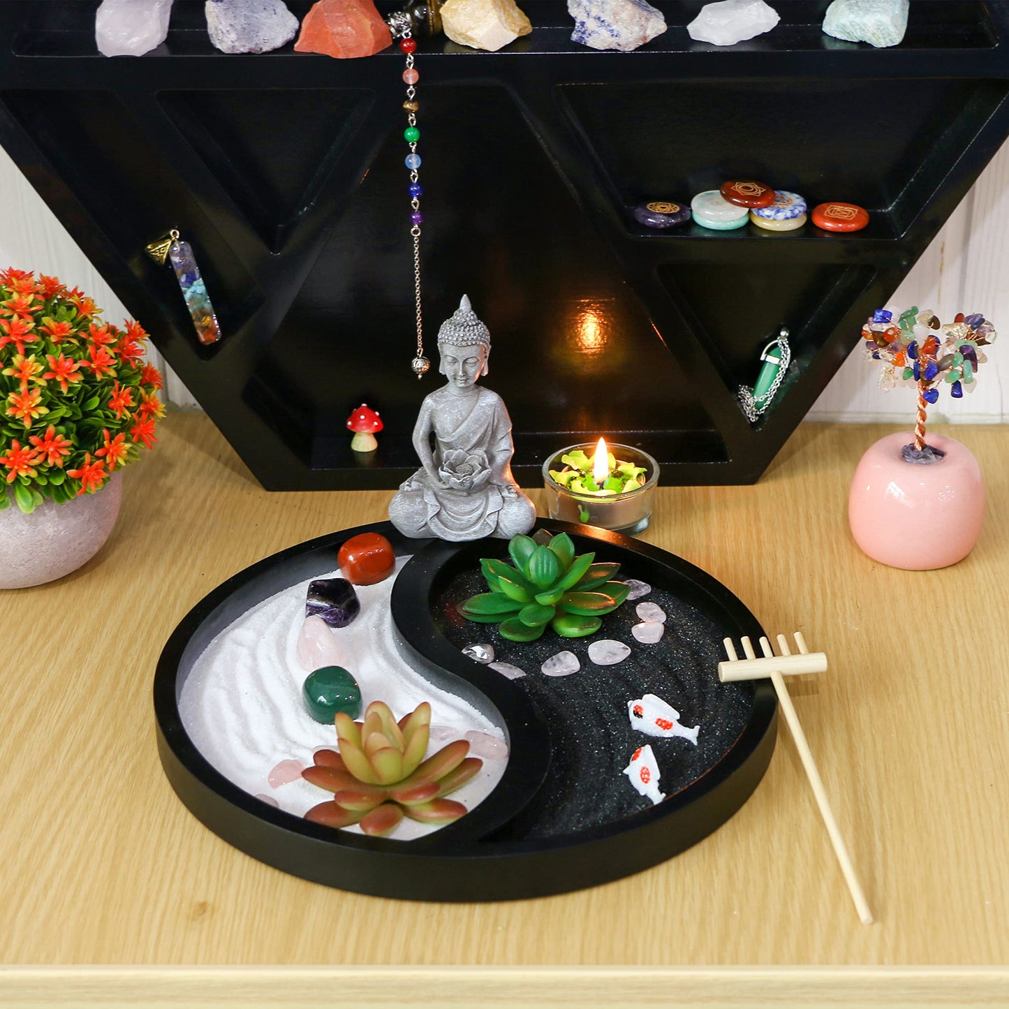 Buddha Meditation Zen Garden Kit - Home Office Tabletop Taiji Yin Yang Sand Garden Altar Zen Decor Zen Gifts DIY Mini Chakra Crystal Quartz Rock Garden w/ Nature Healing Stone Rake Tool