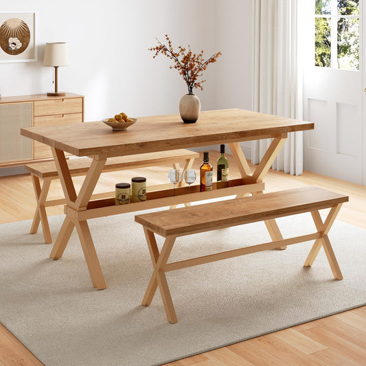 HIPIHOM 63" Dining Table Set with 2 Dining Benches for 4, Scratch Resistance MDF Kitchen Table with Sturdy Metal Legs, Small Dining Table Sets for 4 for Family Gatherings