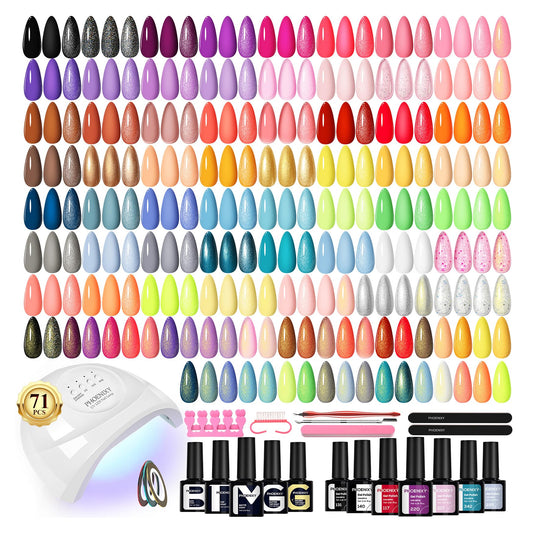 phoenixy 71 Pcs Gel Nail Polish Kit with U V Light, 60 Pcs Gel Nail Kit for Beginners with Everything 5 Pcs Base Top Coat Manicure Starter Nail Polish Set Valentine Gifts for Women