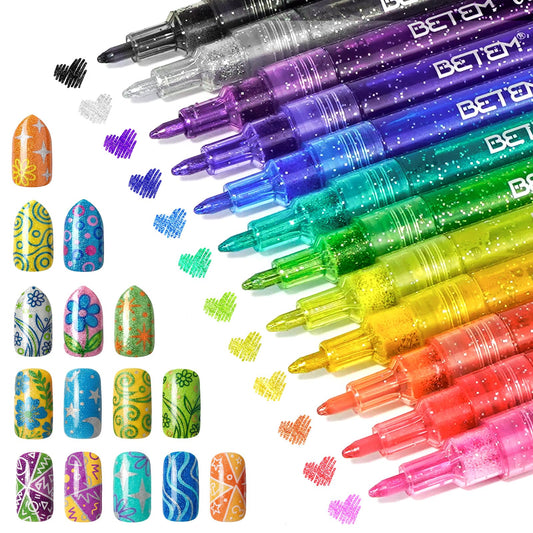 12 Colors Glitter Nail Art Pens Set, 3D Quick-Dry Water-based Ink Glitter Nail Art Markers DIY Manicure Kit for Home Salon Nail Designs, Glitter Pens Markers Nail Polish Pens Dotting Pen Gift for Mom