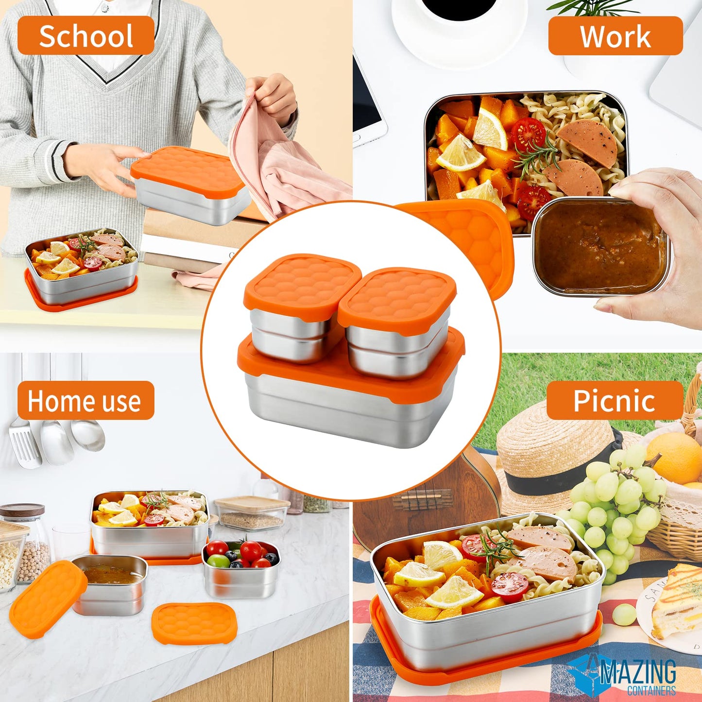 AMAZING CONTAINERS|Stainless Steel Food Containers with Lids Set of 3 (28 oz, 2X 8 oz) | Steel Lunch Container for Kids and Adults | Metal Snack Container Leakproof Lunch Box Sandwich Containers