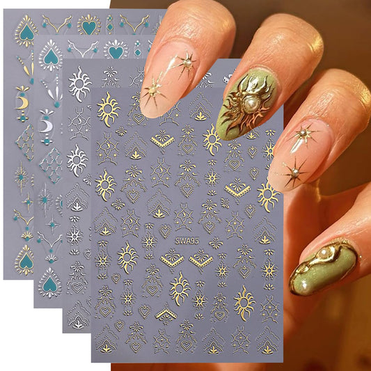Gold Silver Nail Art Stickers Decals,4Pcs 3D Retro Sun Love Totem Star Moon Heart Designs, Stars Metallic Nail Supplies Embossed Self-Adhesive Slider Stickers for Women's DIY Manicure Decoration