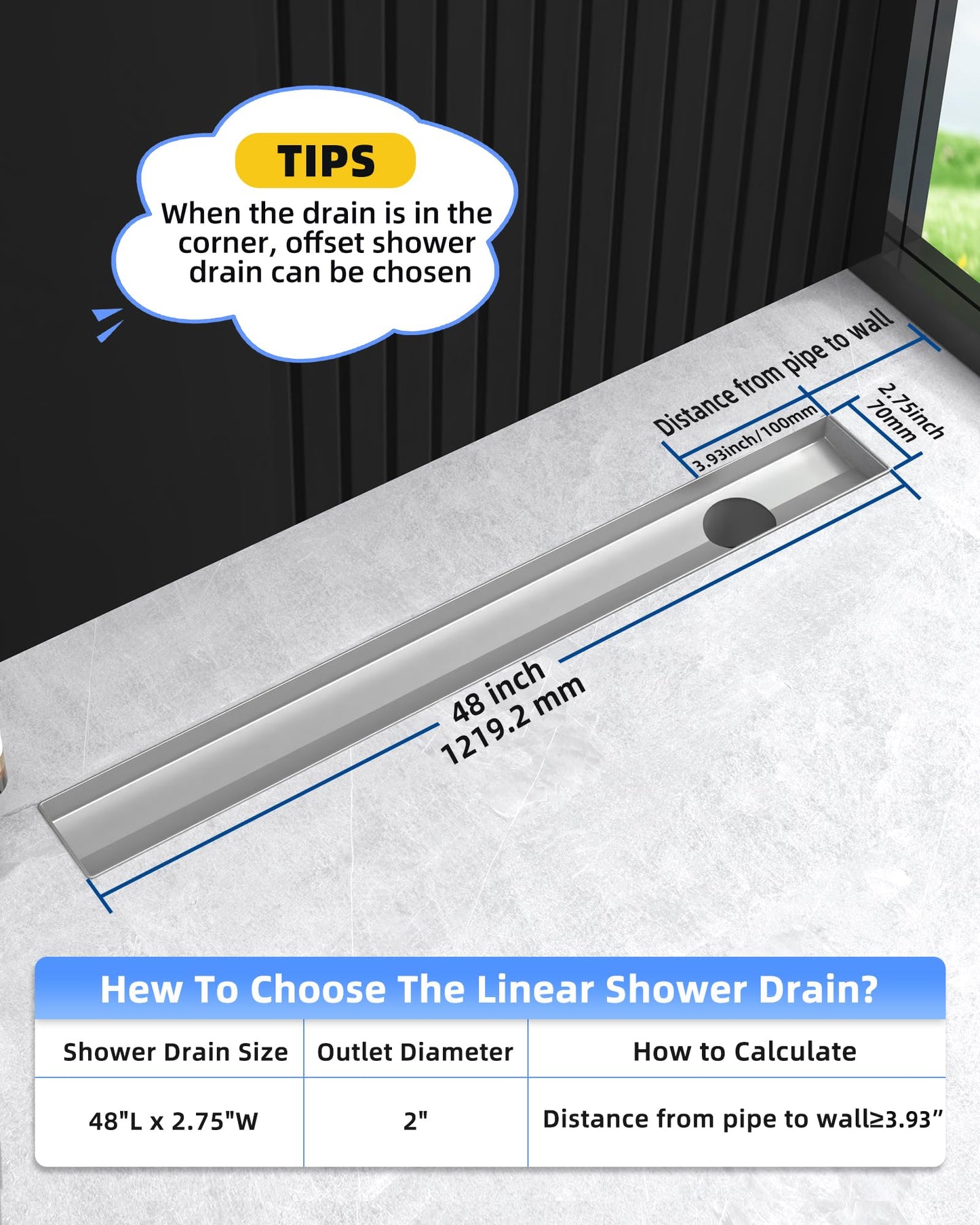 HTOH Shower Drain Offset Outlet for Bathroom: 48-Inch Brushed Nickel Linear Shower Drain with Removable Grate - 304 Stainless Steel Shower Floor Drain Side Outlet with Hair Catcher, Adjustable Feet