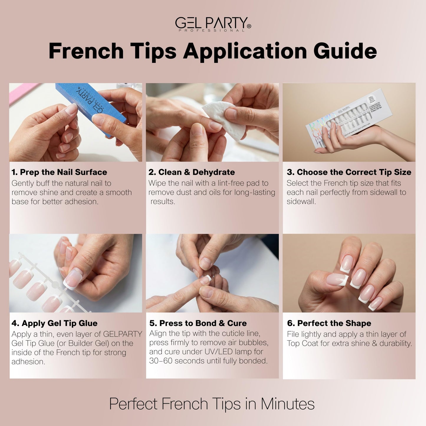 GELPARTY Rapid French Tip Press On Nails – 150Pcs, 15 Sizes | Pre-Shaped Soft Gel French Tips for Salon-Perfect Nails (Nude Short Coffin)
