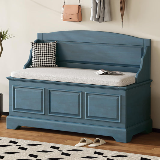 Merax 41.7" Retro Shoe Storage Bench with Safe Soft-Close Devices and Hidden Storage for Living Room and Entryway,Antique Navy
