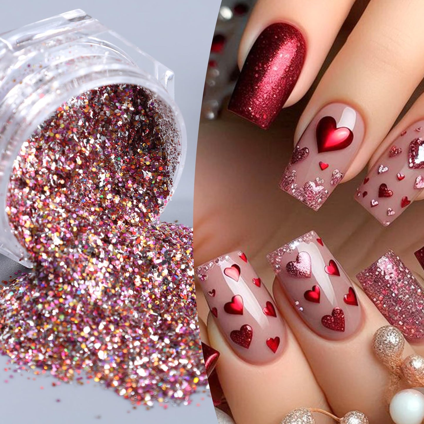 Red Pink Nail Glitter Powder 12 Boxes Cute Glitter for Nails Romantic Heart Lips Flakes for Nails Sugar Reflective Powder DIY Nail Art Decoration Wedding Valentine's Day Accessories