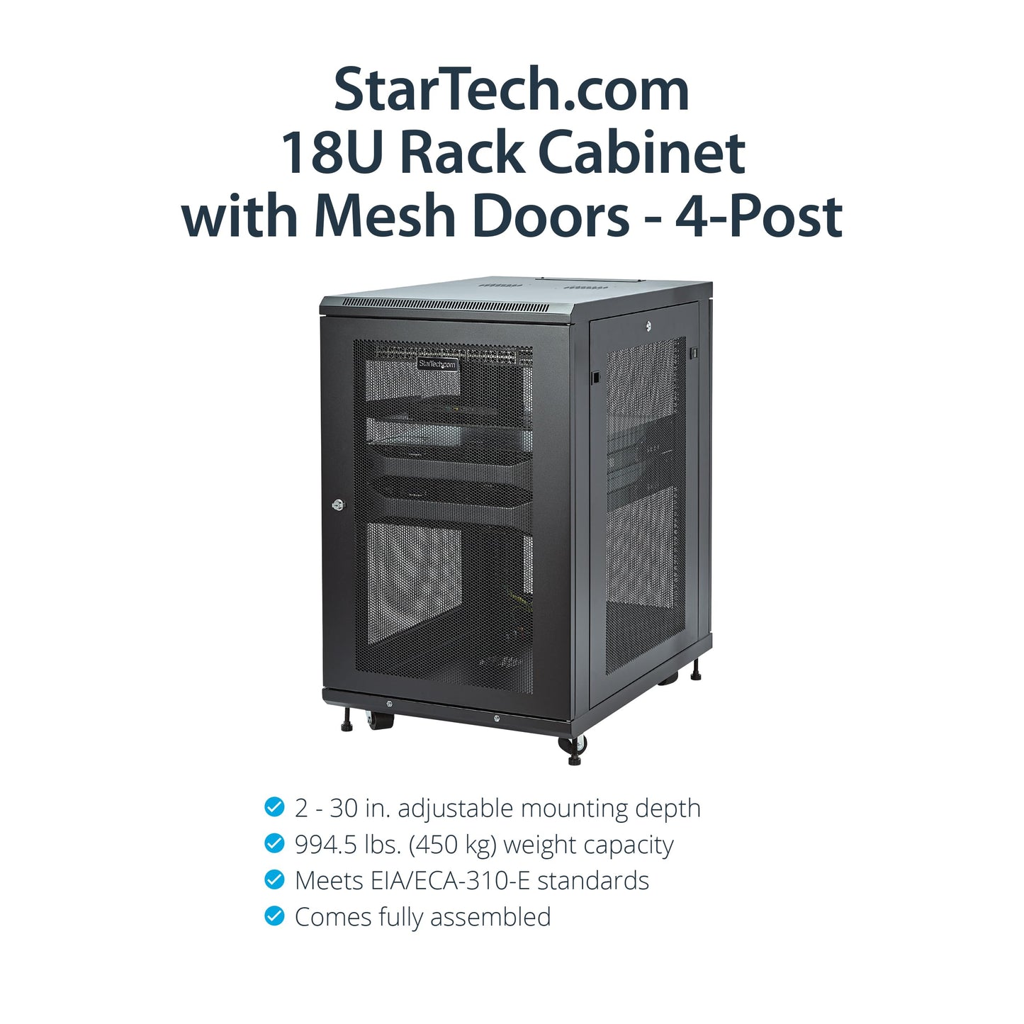 StarTech 18U Enterprise-Grade Server Rack Cabinet Kit, 19in Enclosed 4-Post Rack with Shelf and Cable Management, 29in (75cm) Mounting Depth, 992lb (450kg) Capacity