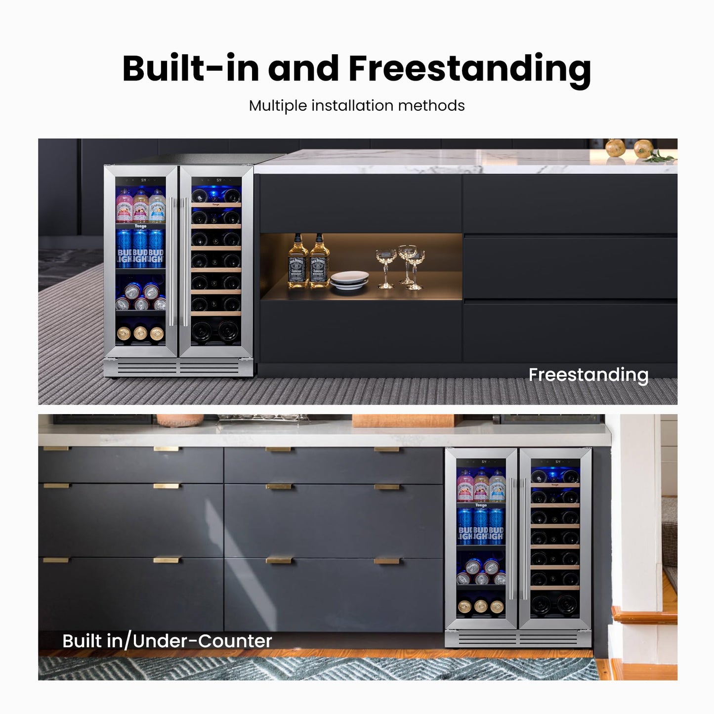 Yeego Wine and Beverage Refrigerator - 24 Inch Dual Zone Wine Fridge 60 Can & 20 Bottle, 36-72°F Cooler Built in Under Counter Fridge with Glass Door for Beer Soda Drink Home Bar Office