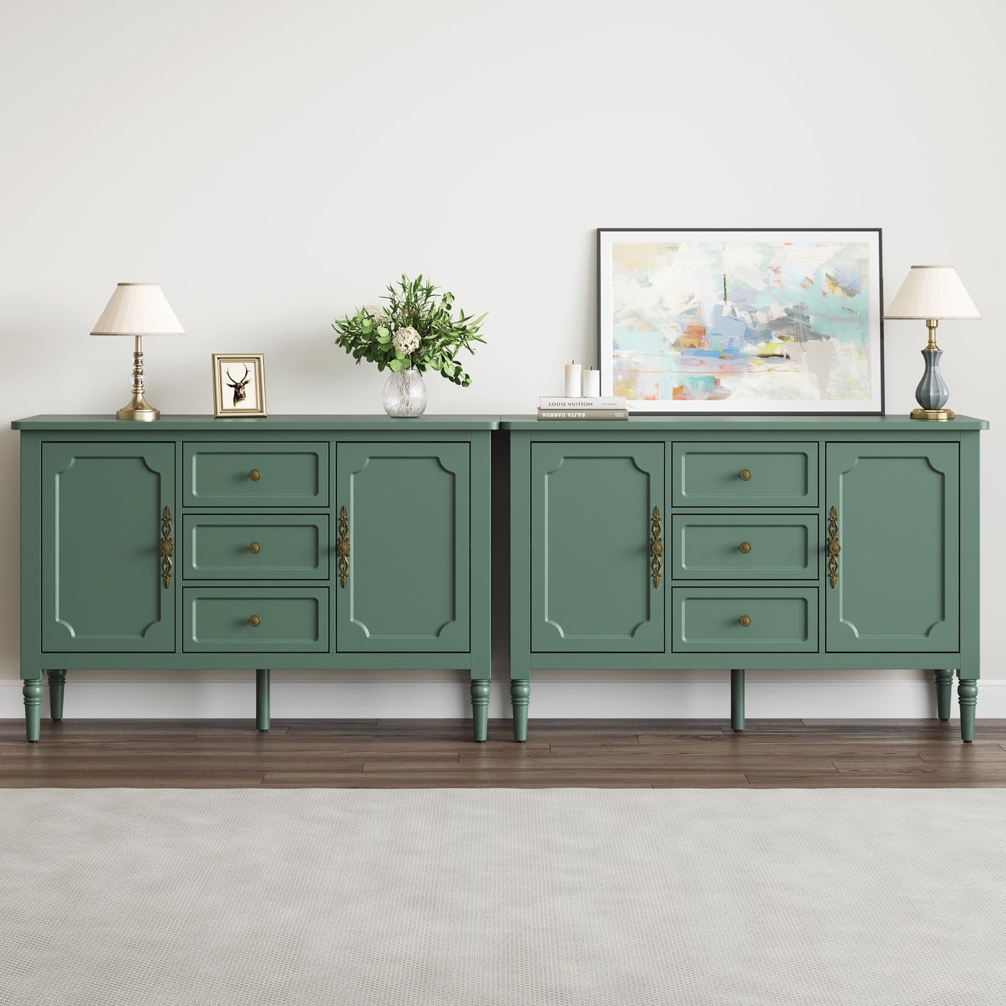 FansaFurn Green Storage Cabinet, Mid-Century Buffet Cabinet with 2 Doors & 3 Drawers, Accent Sideboard Cabinet with Adjustable Shelves & Turned Legs, Great for Entryway, Living Room, Dining Room