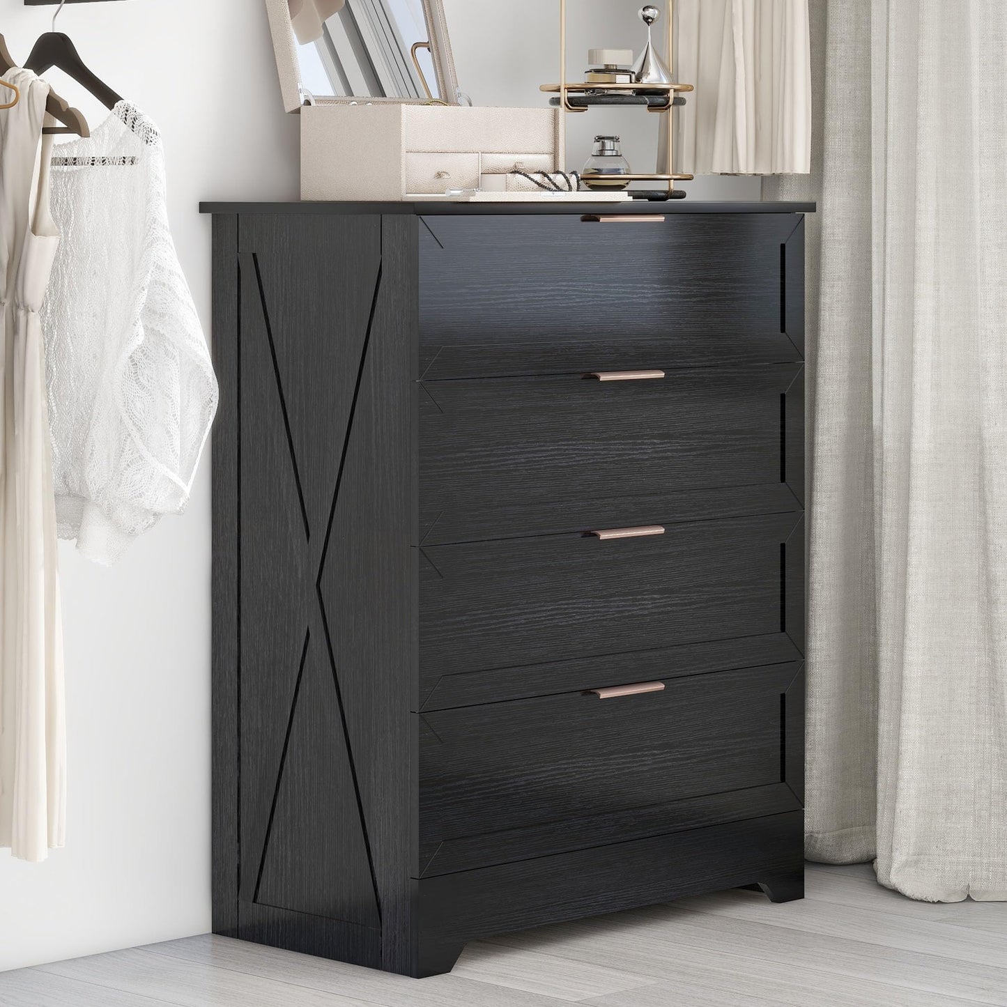 FTZxHKLX Modern 4 Drawer Dresser for Bedroom, Tall Bedroom Dresser with Large Drawer & Rose Gold Handles, Wooden Storage Organizer Cabinet Chest of Drawer for Closet, Living Room, Hallway, Black