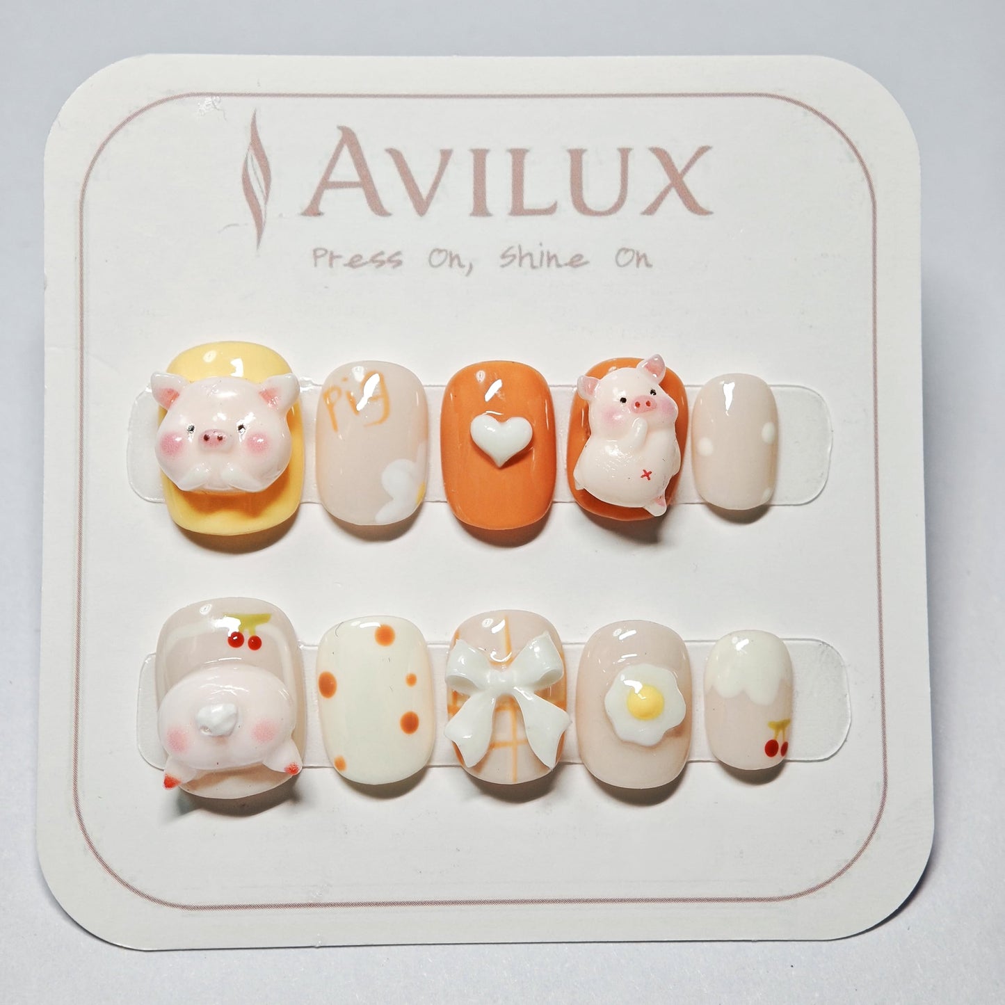 Avilux Press On Nails – Handmade, Reusable, 3D Designer Nail Art, 10Pcs Fake Nails for Women and Girls, Perfect for Holidays, Parties & Gifts (Cute Pig, Medium)