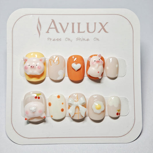 Avilux Press On Nails – Handmade, Reusable, 3D Designer Nail Art, 10Pcs Fake Nails for Women and Girls, Perfect for Holidays, Parties & Gifts (Cute Pig, Medium)