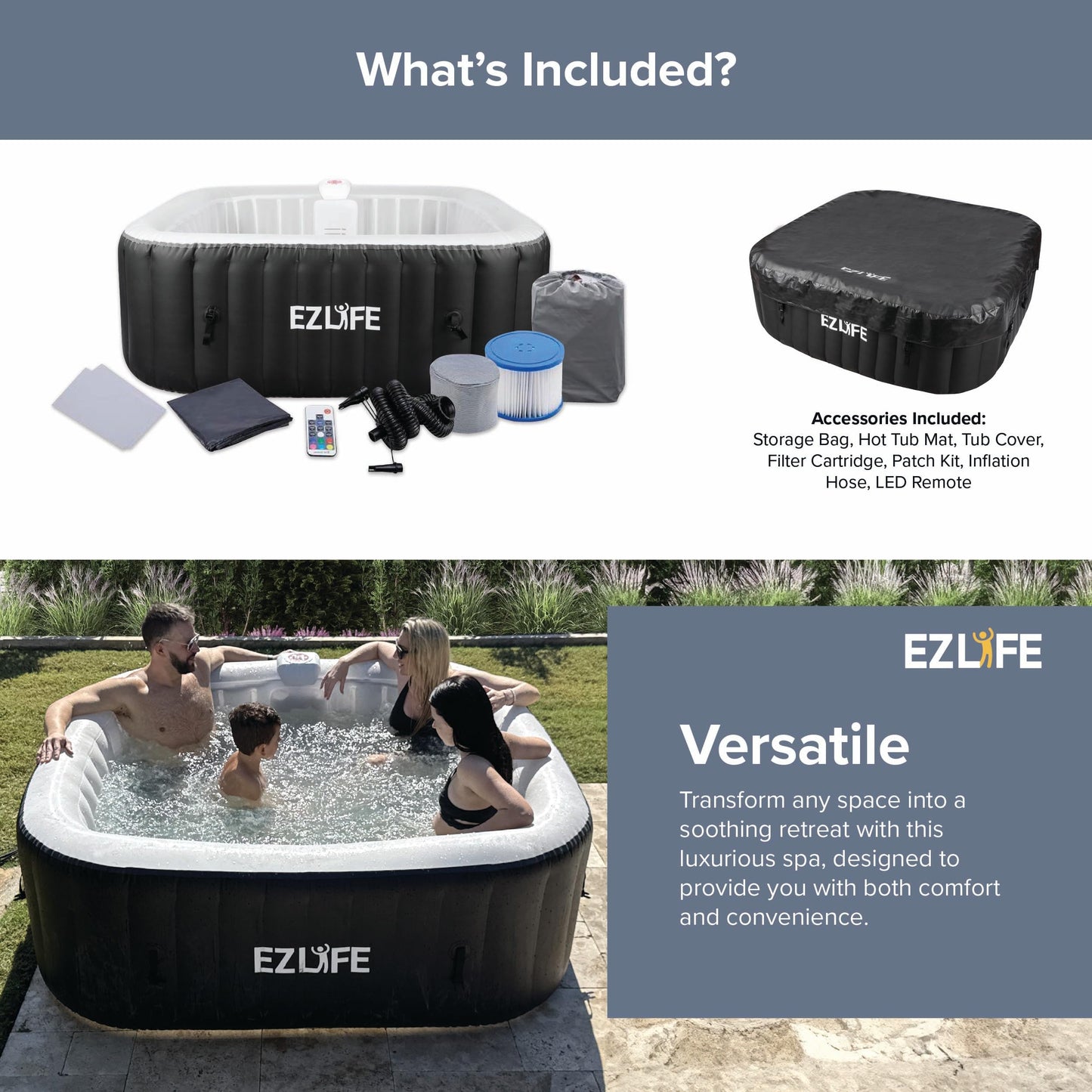 EZLIFE 6-Person Inflatable Square Hot Tub Spa with 130 Bubble Jets, LED Light Strip, 1350W Heater & Cover – Portable Outdoor Spa Pool for Adults (72"x72")