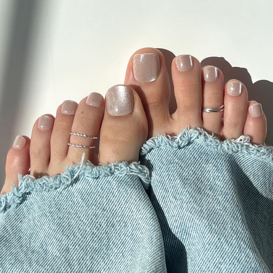 Glamnetic Press On Toenails - The Vow | Shimmery Nude Neutral Fake Toe Nails with a Velvet Finish | 16 Sizes - 32 Toe Nail Kit with Glue