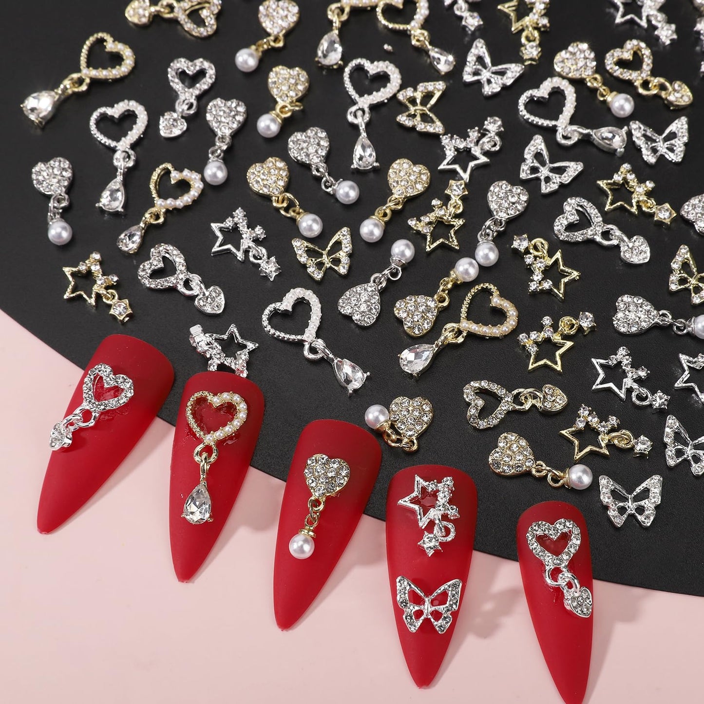 BJRSPGLS 40Pcs Heart Dangle Nail Charms Nail Rhinestones and Gems,Silver Gold Nail Jewels Charms Diamonds Stones for Nail Art,Valentines Love Star Dangling Nail Jewelry for Nails Design Variety
