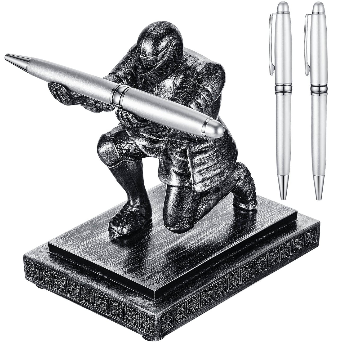Spakon Knight Pen Holder with 2 Pens Resin Desk Organizers and Accessories Funny Executive Pen Stand Fancy Cool Office Gadgets Cool Desk Decorations for Men Home Supplies(Classic,Iron)