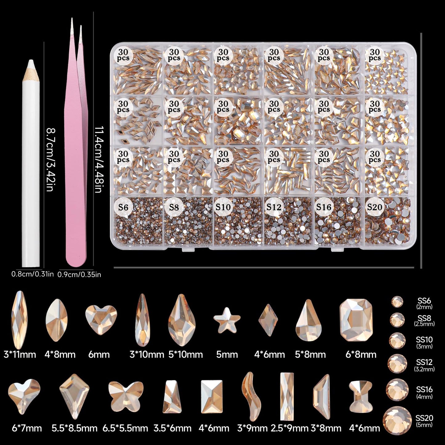 Champagne Gold Nail Art Rhinestones Kit Multi Shapes Crystal Flatback Nail Gems Half Round Rhinestones for Nails, Gold Gems Crystals Glass Rhinestone for Nails Art DIY Supplies Craft