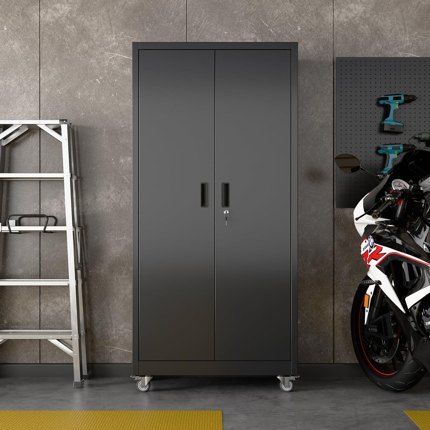 GangMei Metal Storage Cabinet with 5 Adjustable Shelves and Pegboard, 71" H×32" W×16" D Lockable Garage Storage Cabinet with Wheels for Garage, Home, Warehouse, Black, Assembly Required