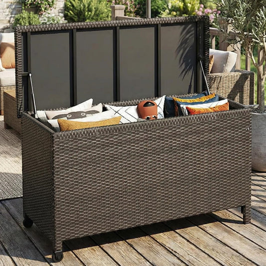 MilleLoom 185 Gallon Outdoor Storage Box with Wheels - Large Wicker Rattan Deck Box for Patio Cushions, Garden Tools, Pool Floats & Pillows, All-Weather Patio Furniture Storage, Brown