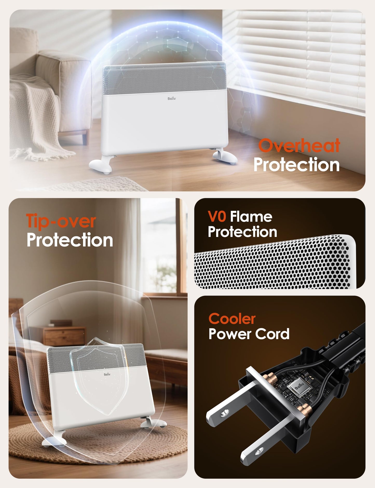 Ballu Convection Panel Space Heater for Large Room,1500W Electric Heater with Programmable Thermostat,WiFi App Control,Standing or Wall Mount,Smart Quiet Heater for Indoor Use,Works with Alexa,White