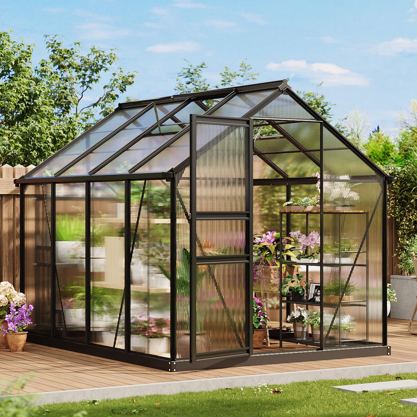 Greenhouse, 8×6FT Greenhouses for Outside, Polycarbonate Greenhouse with Aluminum Frame, Lockable Door and Ajustable Roof Vent for Backyard, Green Houses for Outside Garden Backyard, Patio