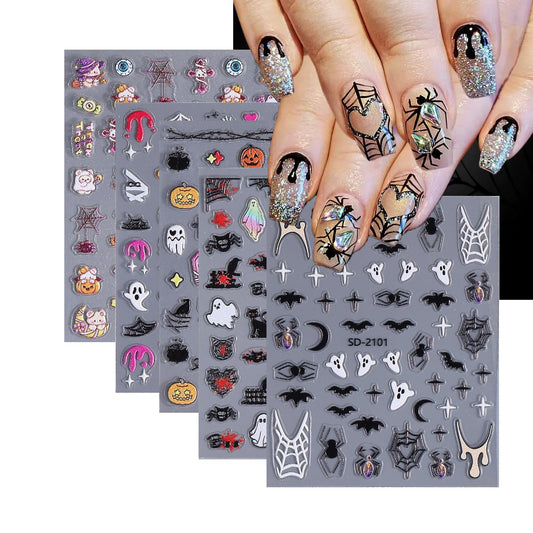 Halloween Nail Stickers Cute Ghost Nail Designs 3D Self-Adhesive Coffin Spider Web Pumpkin Nail Decals 5D Embossed Star Moon Bat Nails Supplies for Women Holiday DIY Manicure 5 Sheets