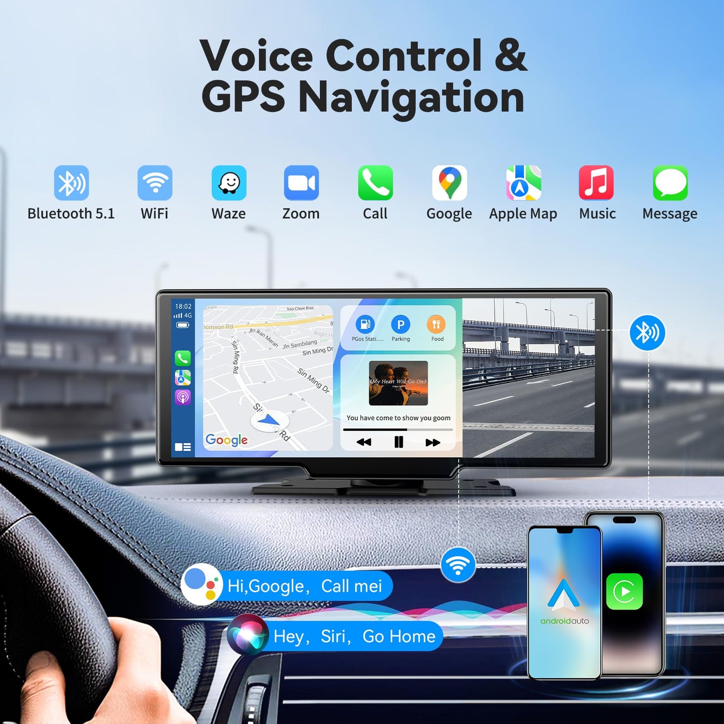 Portable Apple CarPlay Screen, Extra Large 11.26 Inch 4K Car Play & Android Auto HD Touchscreen, Wireless Car Stereo with Dash Cam, G-Sensor/App Control/Backup Camera/Loop Recording/Mirror Link/GPS/FM