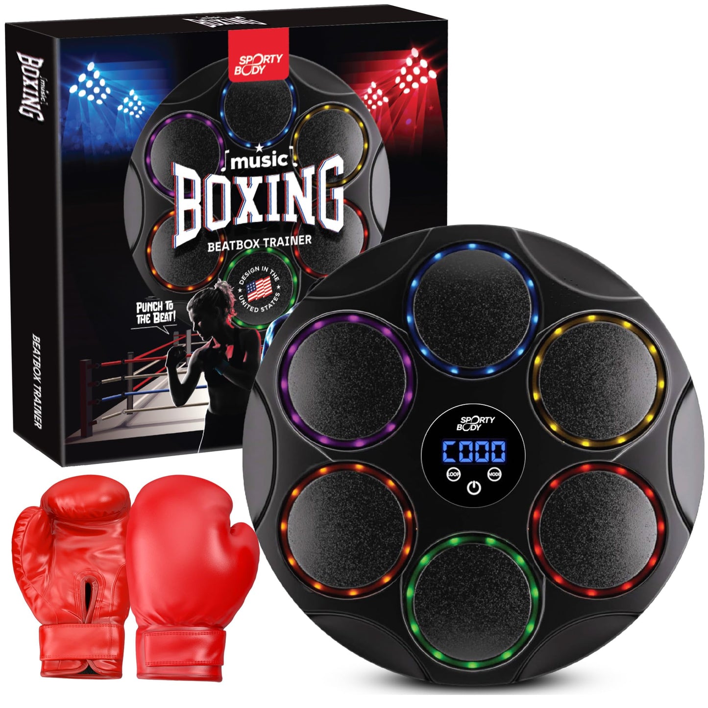 Music Boxing Beatbox Trainer by Sporty Body, 9 Speeds & 9 Light Modes, Bluetooth Sync, Auto Counting, and Durable ABS Body for Home Workouts, Supports 440lbs Punch Force, Wall Mounted Boxing Machine