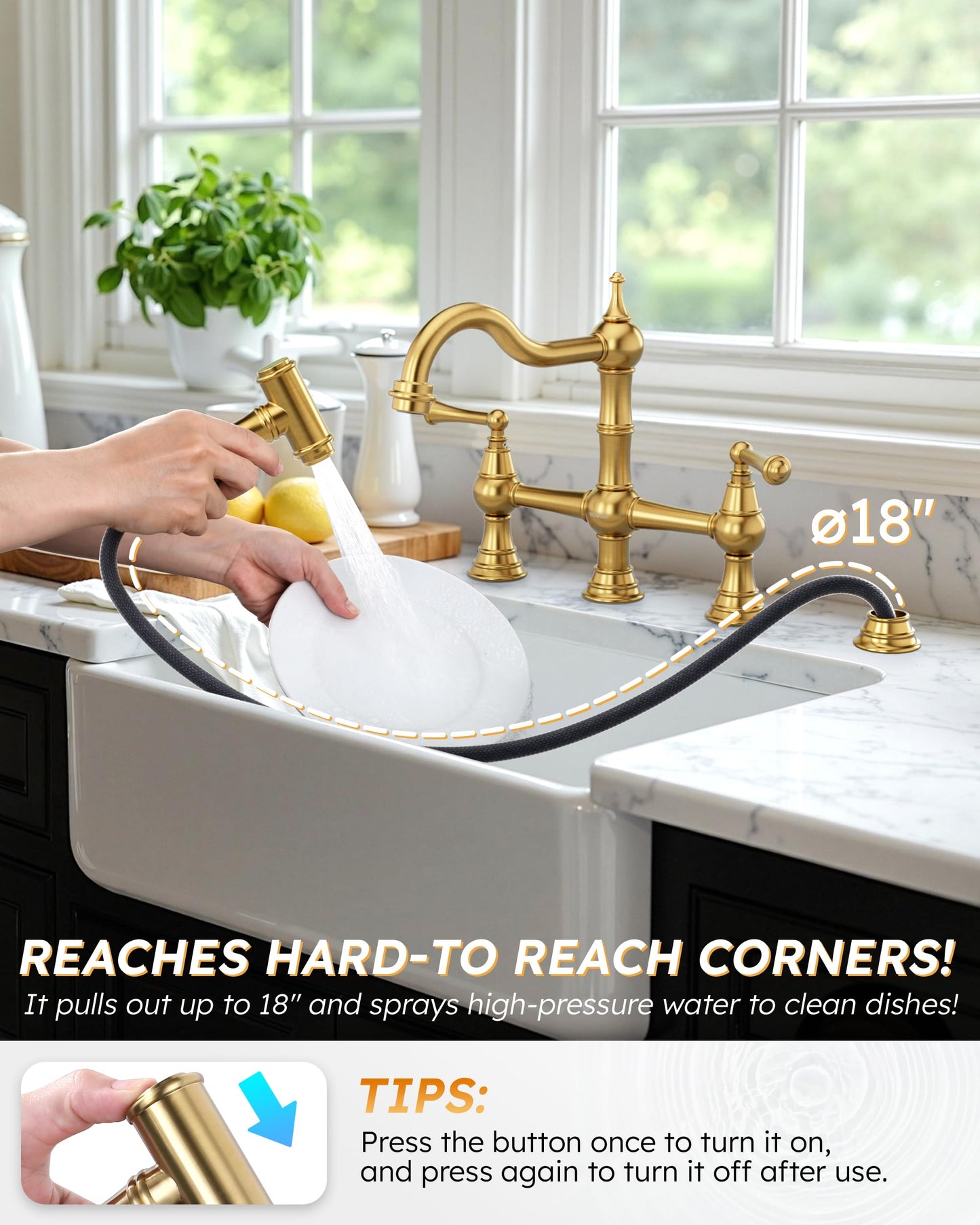 WOWOW Brass Kitchen Faucet Bridge with Side Sprayer, 4 Hole Kitchen Faucet 2 Handle 8 Inch Centerset Gold Faucet for Kitchen Sinks, Heritage Brushed Gold Kitchen Sink Faucet