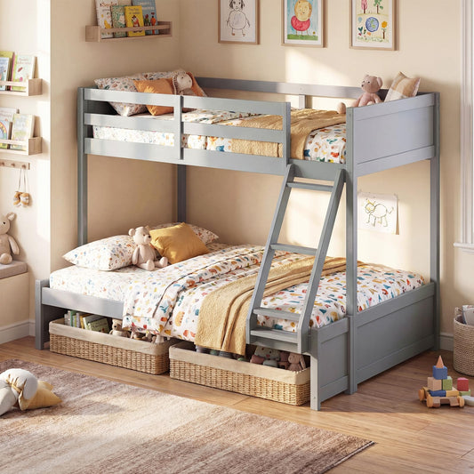 Giantex Twin Over Fulll Bunk Bed, Wood Bunk Bed with Full-Length Guardrails, Ladder, Under-Bed Storage Space for Dormitory, Bedroom, Apartment, Two Bed Frame with Slats for Teens, Kids, Adults, Grey