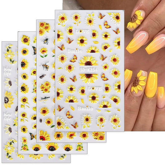 5D Embossed Sunflower Nail Art Stickers Self-Adhesive Flower Nail Decals Engraved Floral Summer Nail Sticker Acrylic Nail Art for Women Girls Manicure Decoration 4 Sheets