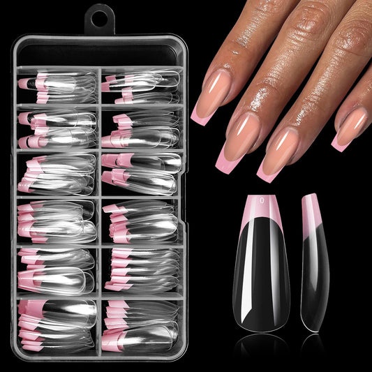 Bellelfin Pink French Tip Press on nails Long Coffin Fake Nails, 120PCS Coffin Nail Tips Long French Tip Nails, Clear Acrylic Nail Press on Full Cover False Nail