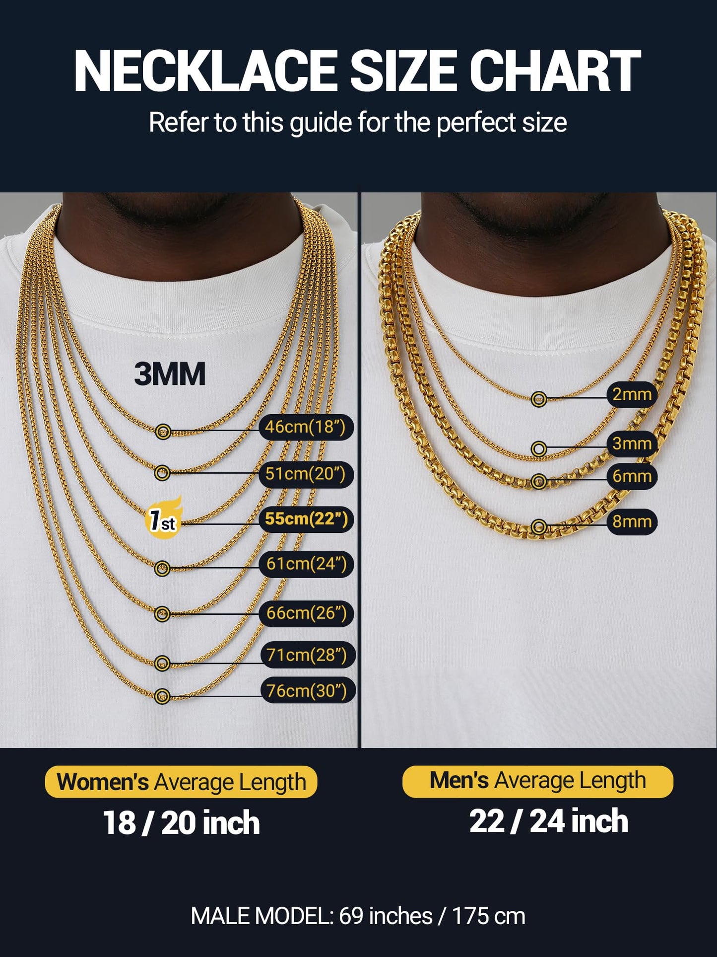 PROSTEEL Mens Chain Necklace, Squre Rolo Cable Chains 2mm Thin 18K Gold Necklace Waterproof & Non Tarnish Men and Women Jewelry with Gift Box 20in