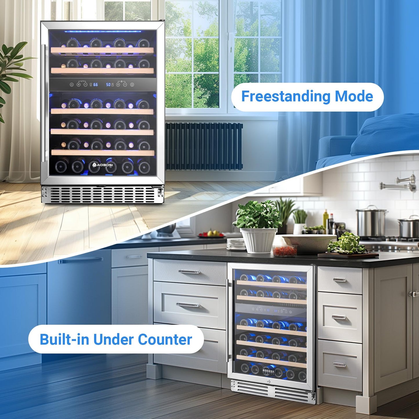 AAOBOSI Wine Fridge Cooler, 46 Bottles,24 inch Dual Zone Wine Cooler Under Counter with Safety Lock,Built-in or Freestanding Wine Refrigerators for Home,Office,Bar