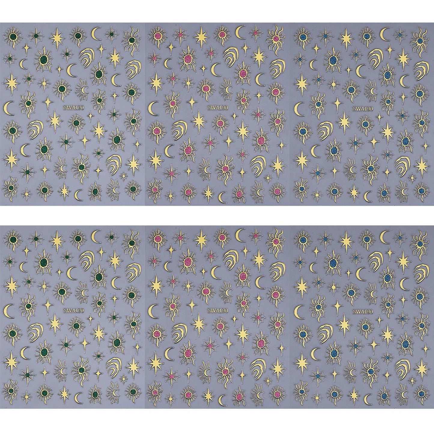 6 Sheet Celestial Nail Art Sticker Moon Star Sun Glitter Design Nail Decals 3D Self-Adhesive Nail Accessories Golden Metallic Nail Supplies Beauty Salon Sticker for Women DIY Manicure Nail Decorations