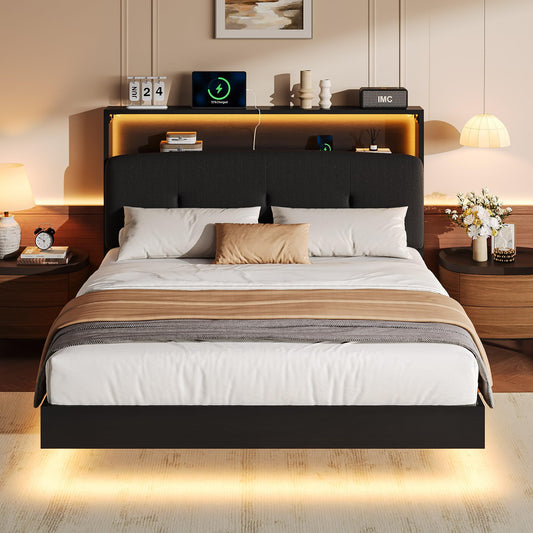 Einhomn Floating Bed Frame Full with 2-Tier Storage Linen Fabric Upholstered Headboard, Wooden Platform Bed Frame w/Charging Station & LED Lights, Metal Slats Support, No Box Spring Needed, Black