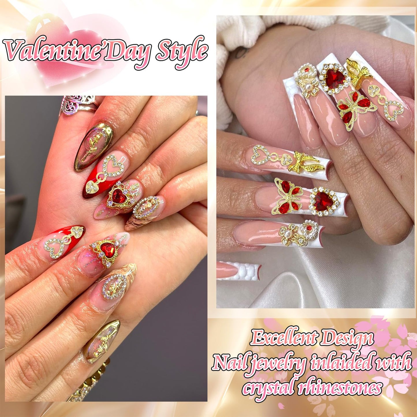 RODAKY 64PCS Red Heart Nail Charms Valentine's Day Nail Jewelry Crystal Butterfly Heart Gems for Nails Art Gold Bow Rose Flower Nail Decoration for Women Manicure Vday