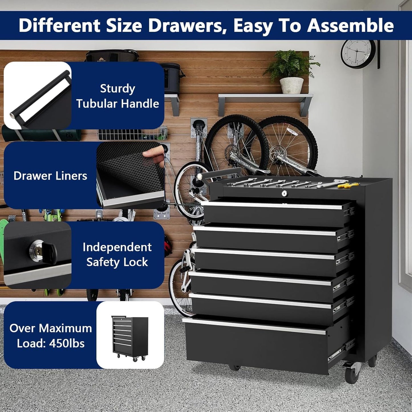Rolling Tool Box with Wheels, 6 Drawer Tool Storage Cabinet, Portable Toolbox Organizer with Lock, Heavy Duty Tool Chest Cart for Garage, Mechanic, Workshop, Shop, Mobile Tool Organizer, Black