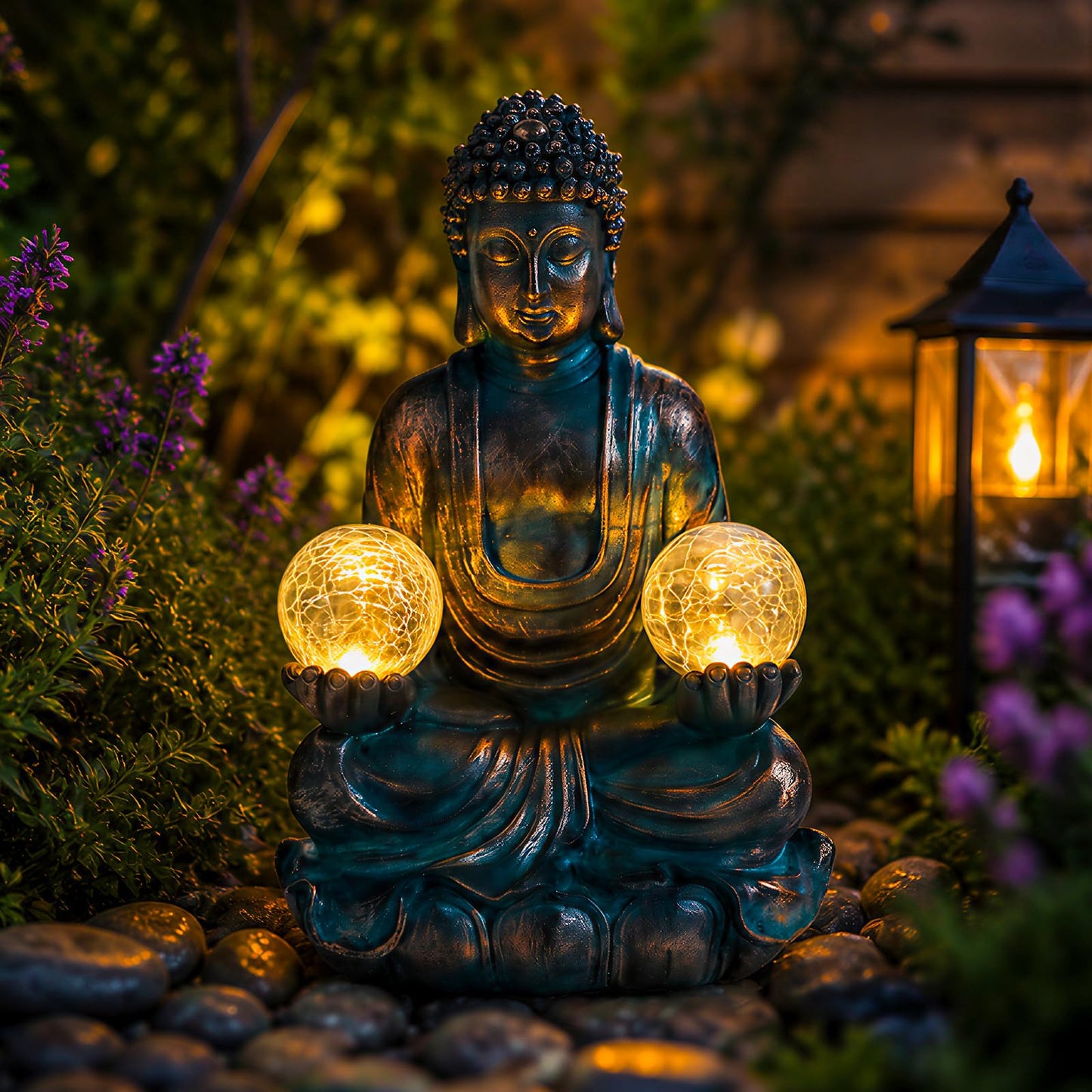 Afirst 10.5'' Meditating Buddha Garden Statues Solar Buddha Sculpture Decor with Glass Balls Zen Meditation for Home Garden Yard Patio Indoor Outdoor Ornaments Gifts for Mom