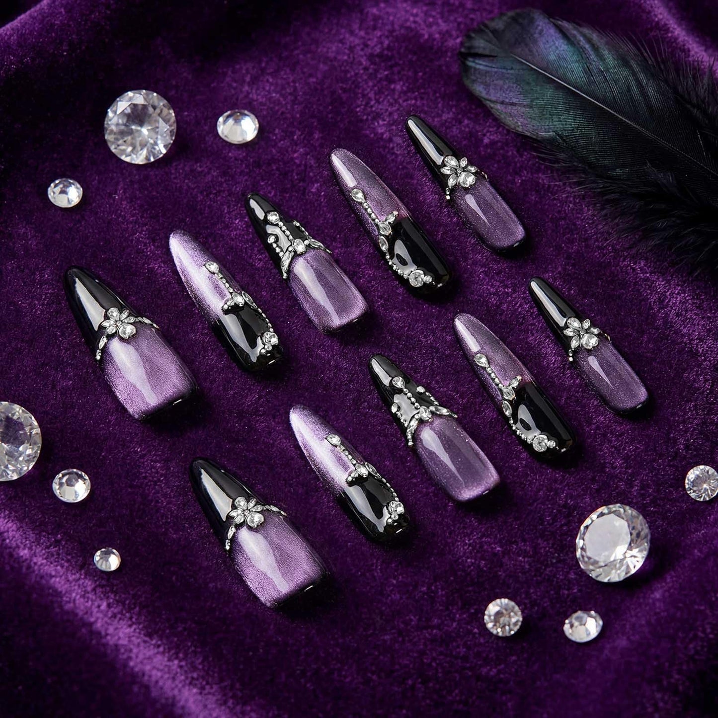 Sethexy Long Stiletto Press on nails Handmade Ombre, Gradient, Rhinstone, Salon Quality Full cover False Nail Tips 10 Pcs with Glue (Black & Purple Ombre)