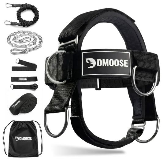 DMoose Fitness Neck Harness Plus for Weight Lifting - Soft Padded Head & Chin Strap with 30" Heavy Duty Steel Chain, 2 Bands & Door Anchor - Neck Exerciser & Strengthener (Neck Harness Plus)